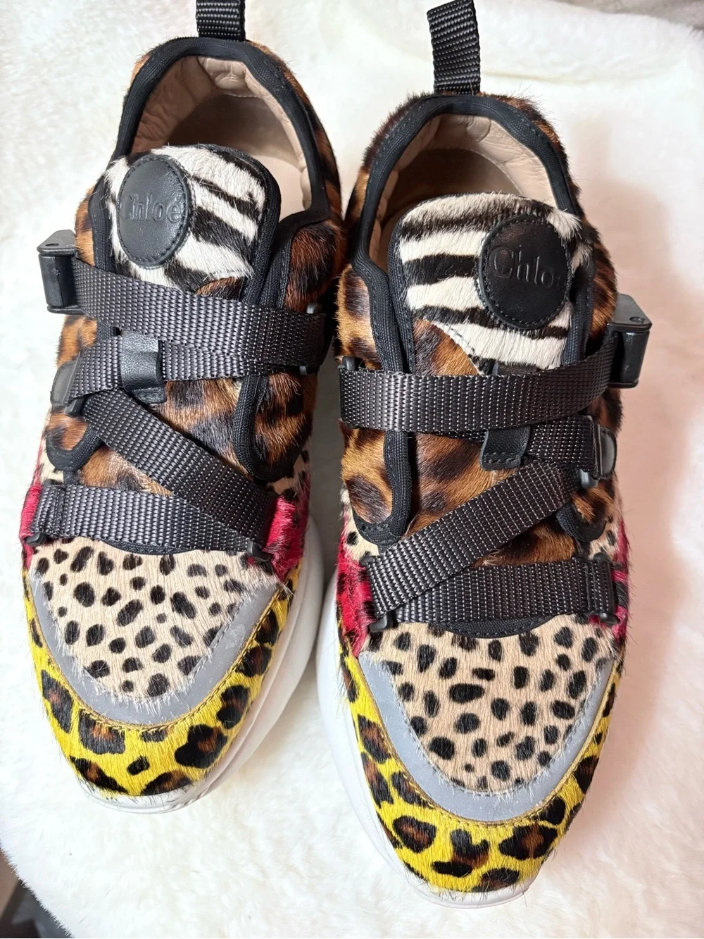 Chloé Sonnie Multicolor Animal Print Calf Hair Sneakers Size 38 / US 8